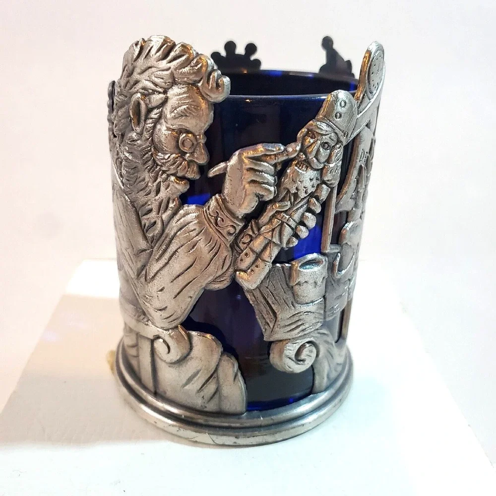 ROC Pewter Santa Christmas Votive Candle Holder w/Cobalt Glass Liner 3